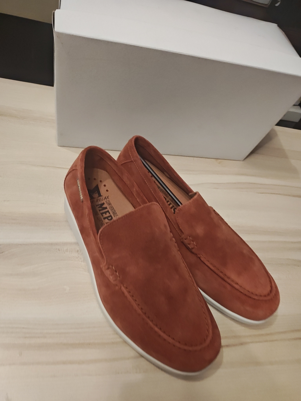 Mephisto Men's Suede Loafers in Rust Brown with White Sole